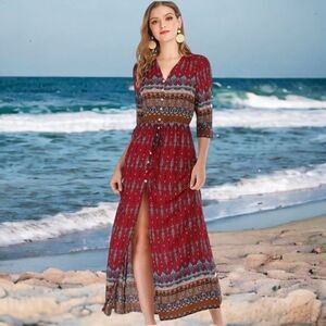 NWT R.Vivimos Women's Red Paisley V-neck 3/4 Sleeve Maxi Beach Dress Size S